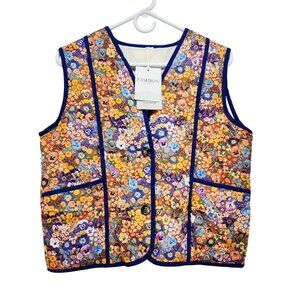 Floral Quilted Womens Vest With Button Closure & Pockets Size S